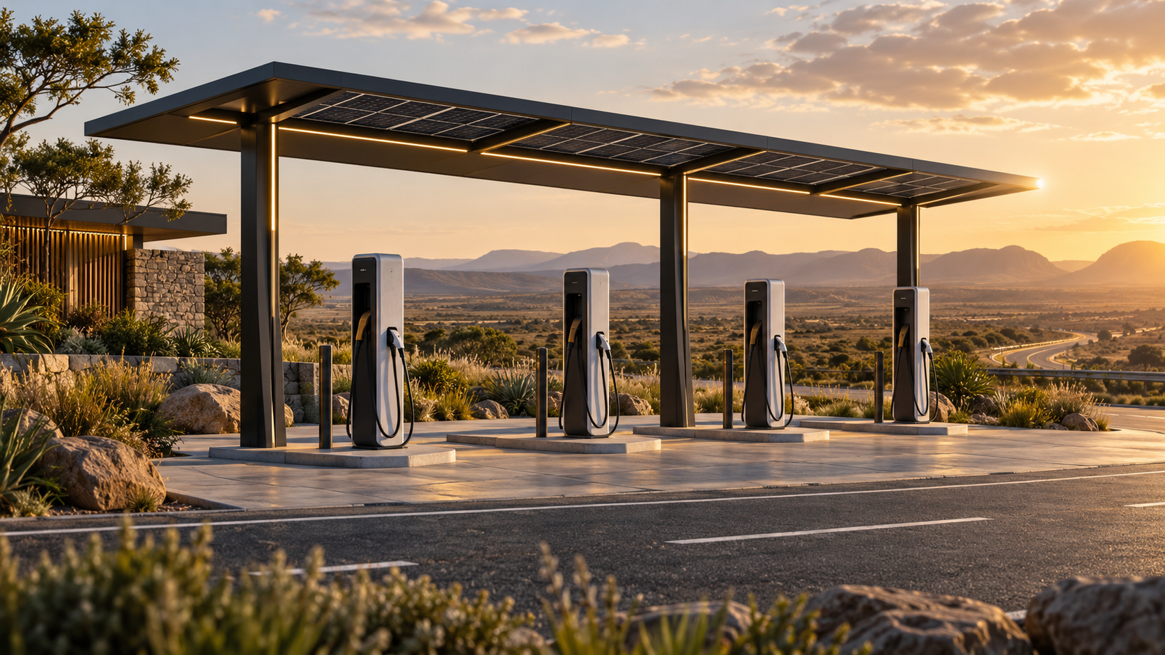 Solar covered highway charging hub with several DC bays