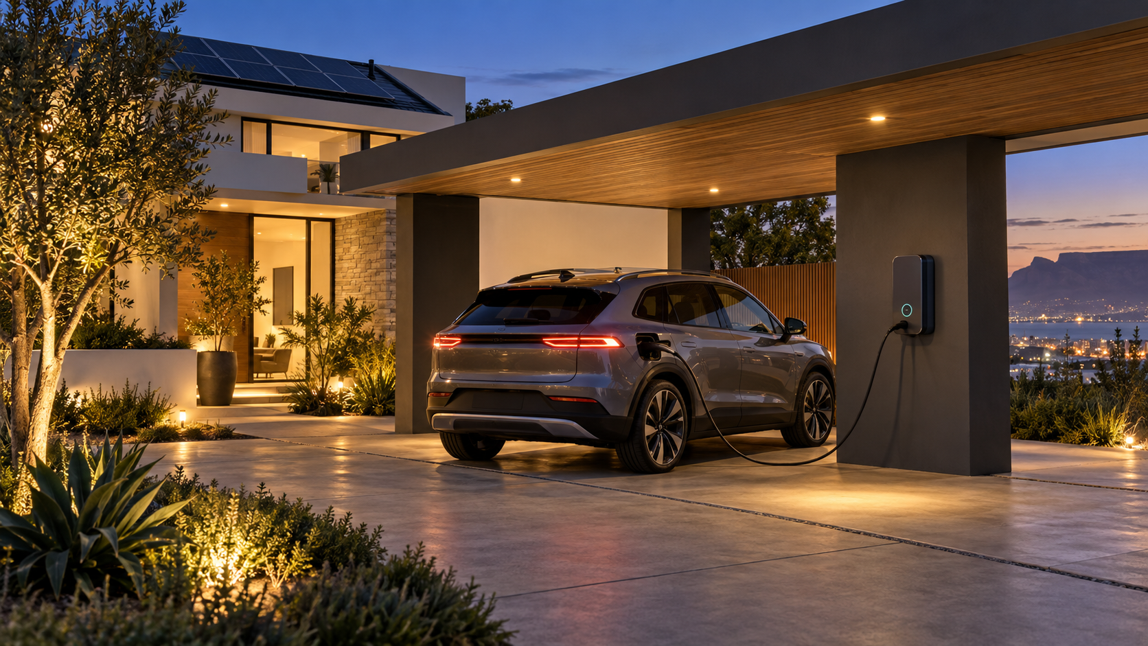 Electric SUV charging under a lit home carport at dusk