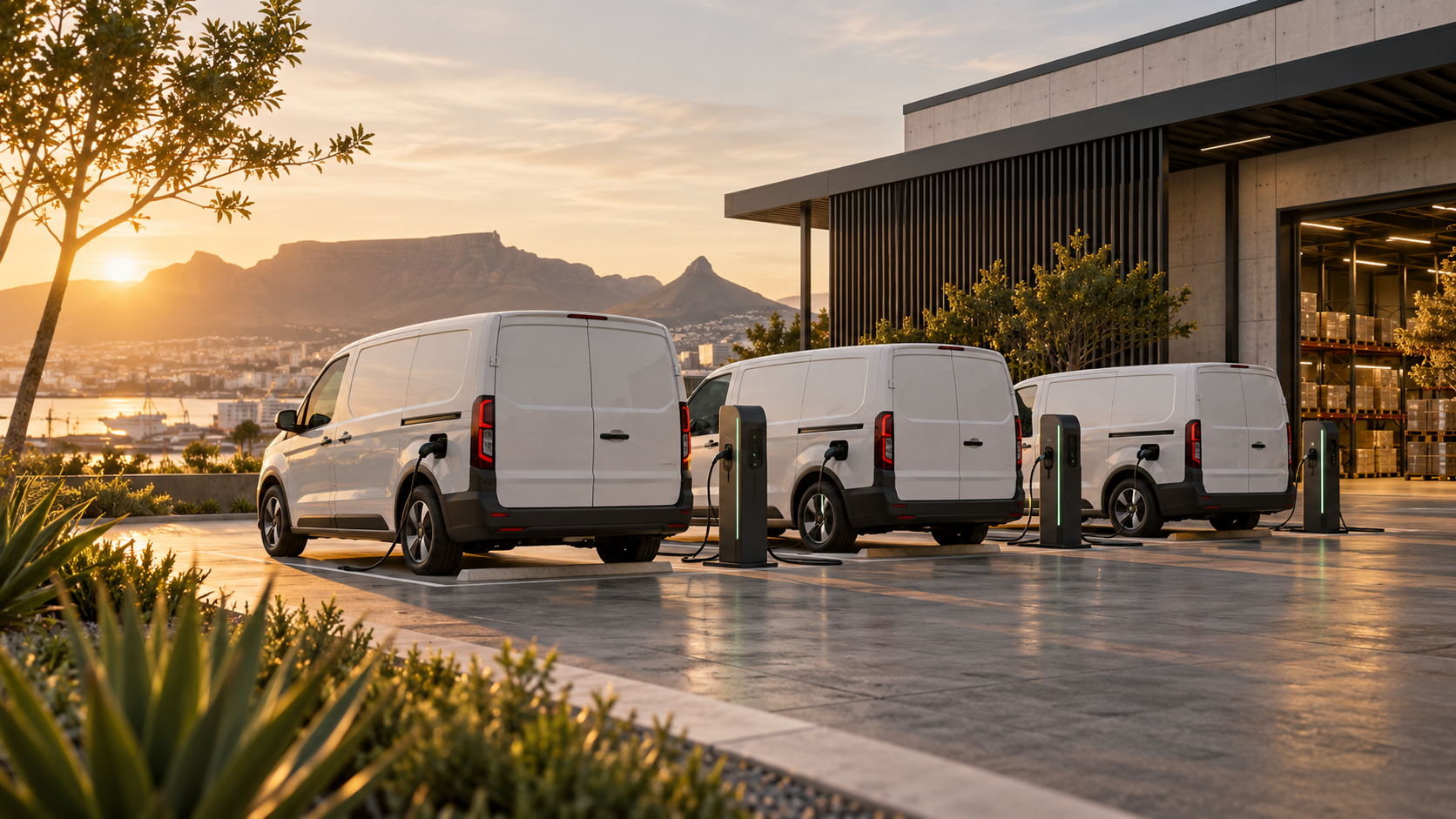 Electric commercial vans lined up in a fleet depot