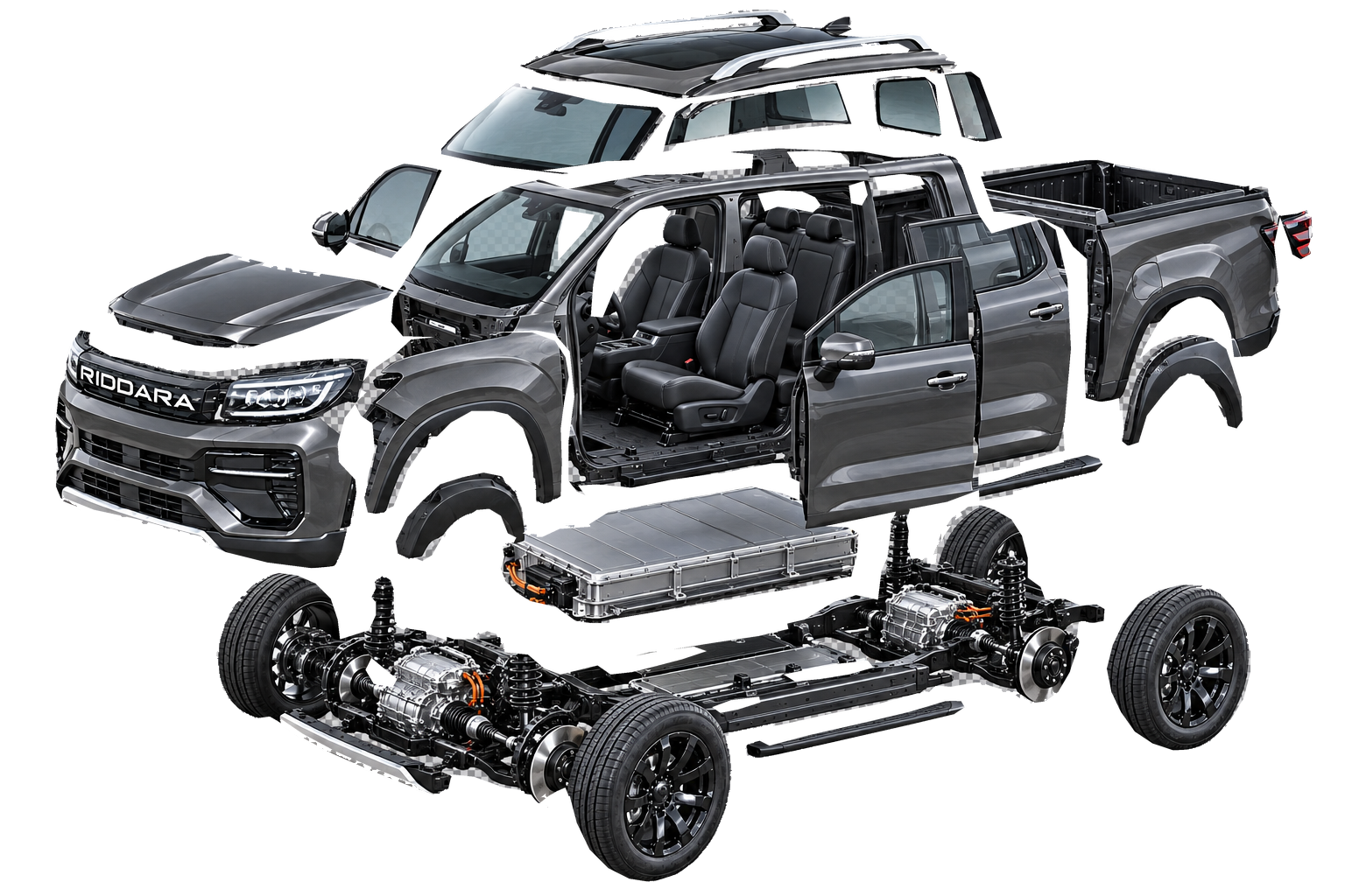 Exploded view of the electric pickup drivetrain and battery