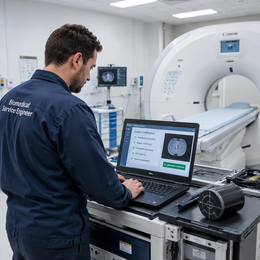 Biomedical service engineer calibrating imaging equipment with a laptop