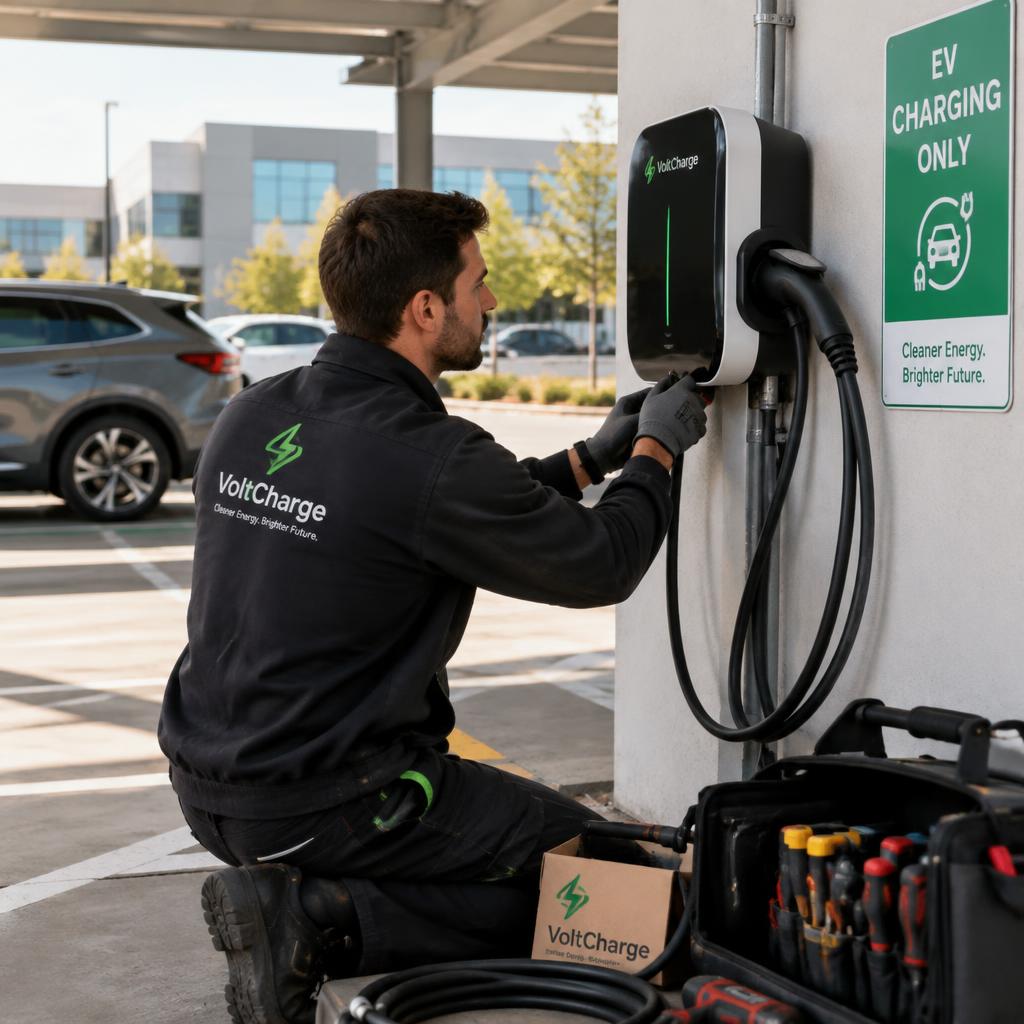 Technician installing an AC electric vehicle charger at a commercial parking bay