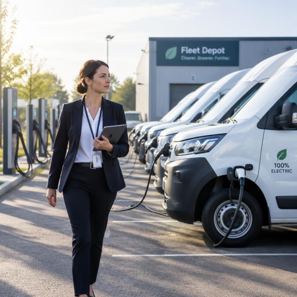 Consultant with a tablet walking past electric delivery vans at a charging depot