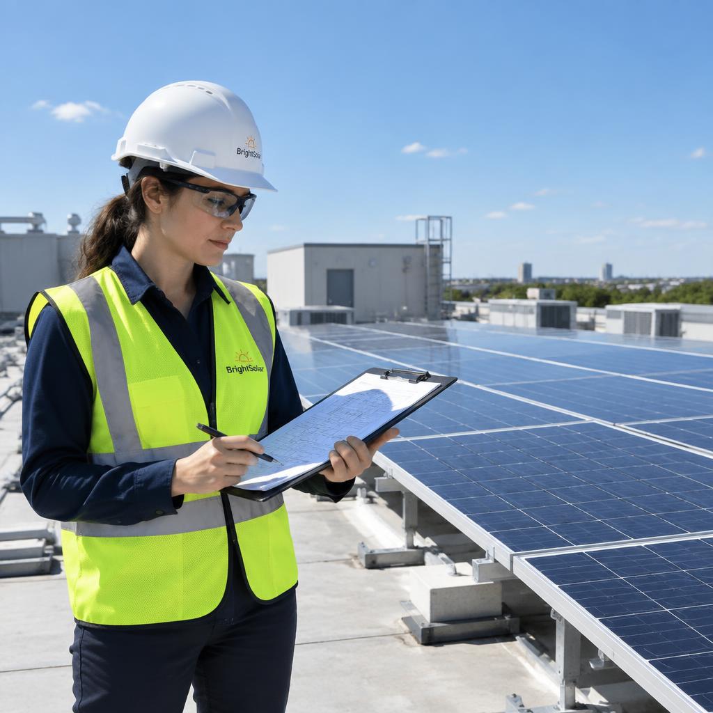 Project engineer reviewing plans beside a rooftop solar array
