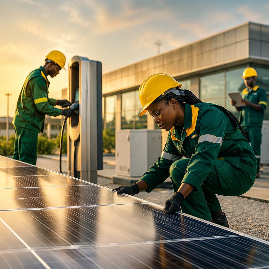 Technicians installing solar and charging equipment in the field