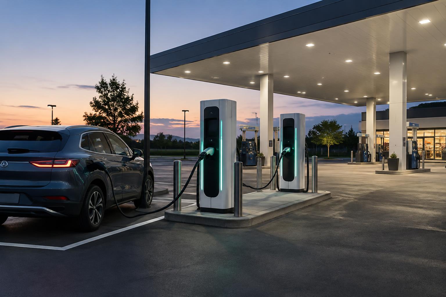 Fast chargers installed on a fuel station forecourt at dusk