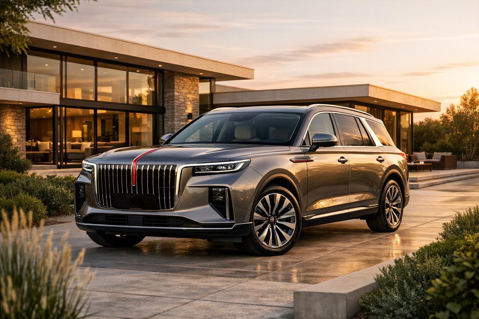 Luxury electric SUV outside a modern residence