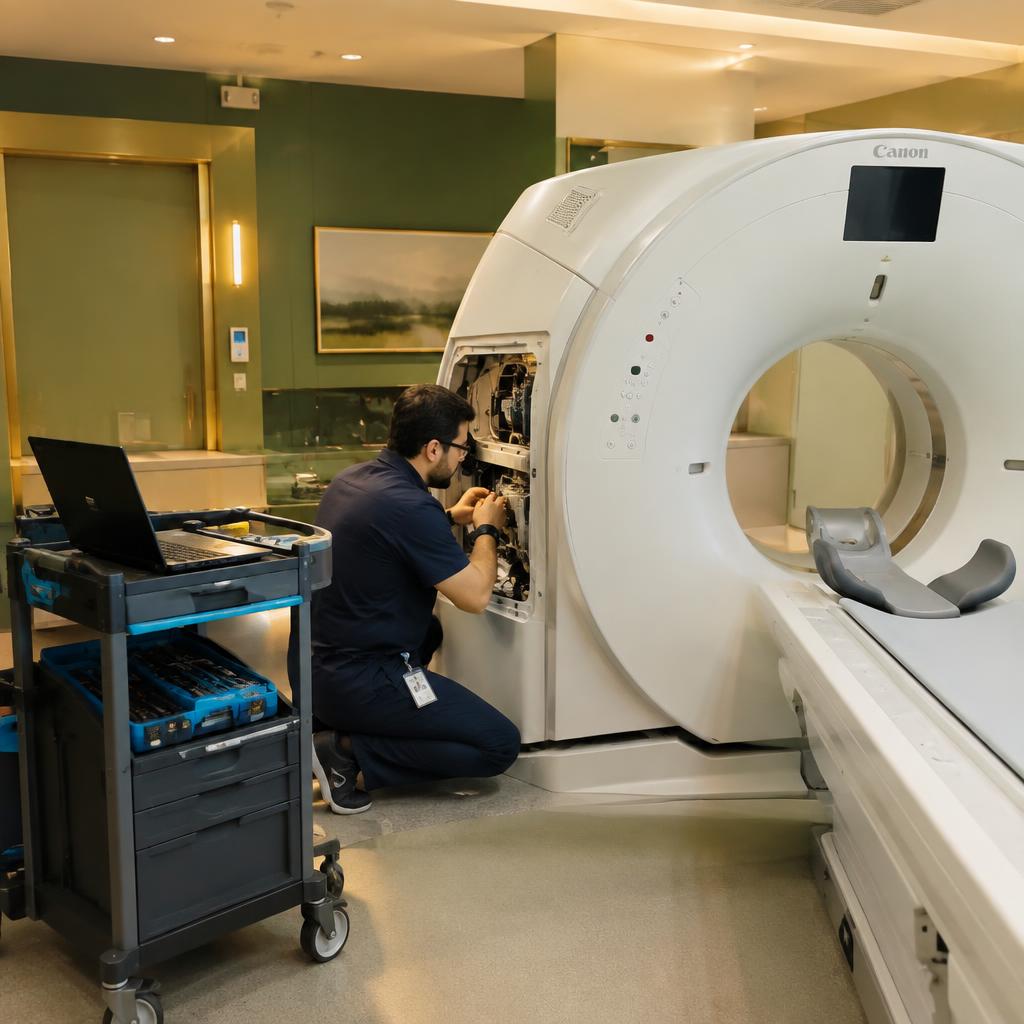Engineer servicing a CT scanner under a service agreement