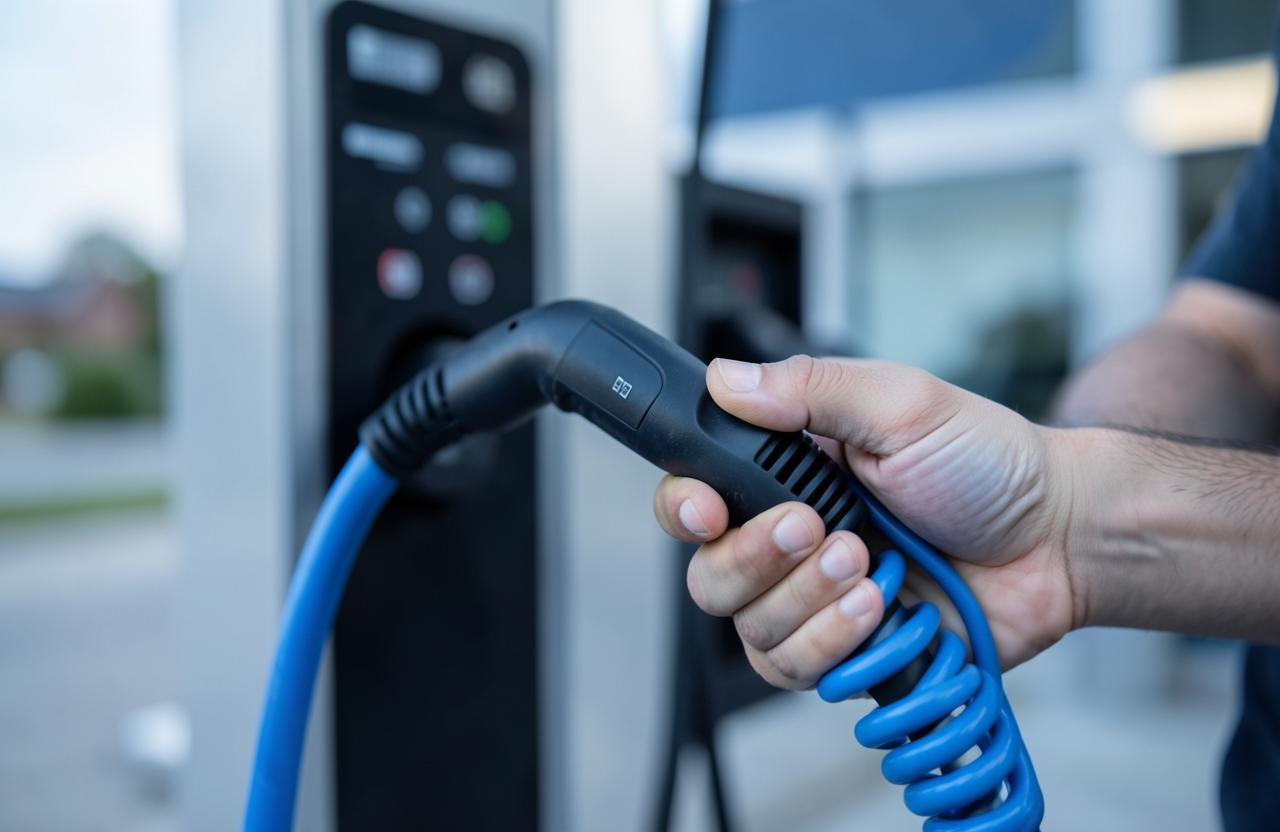 Driver plugging a charging cable into an electric car